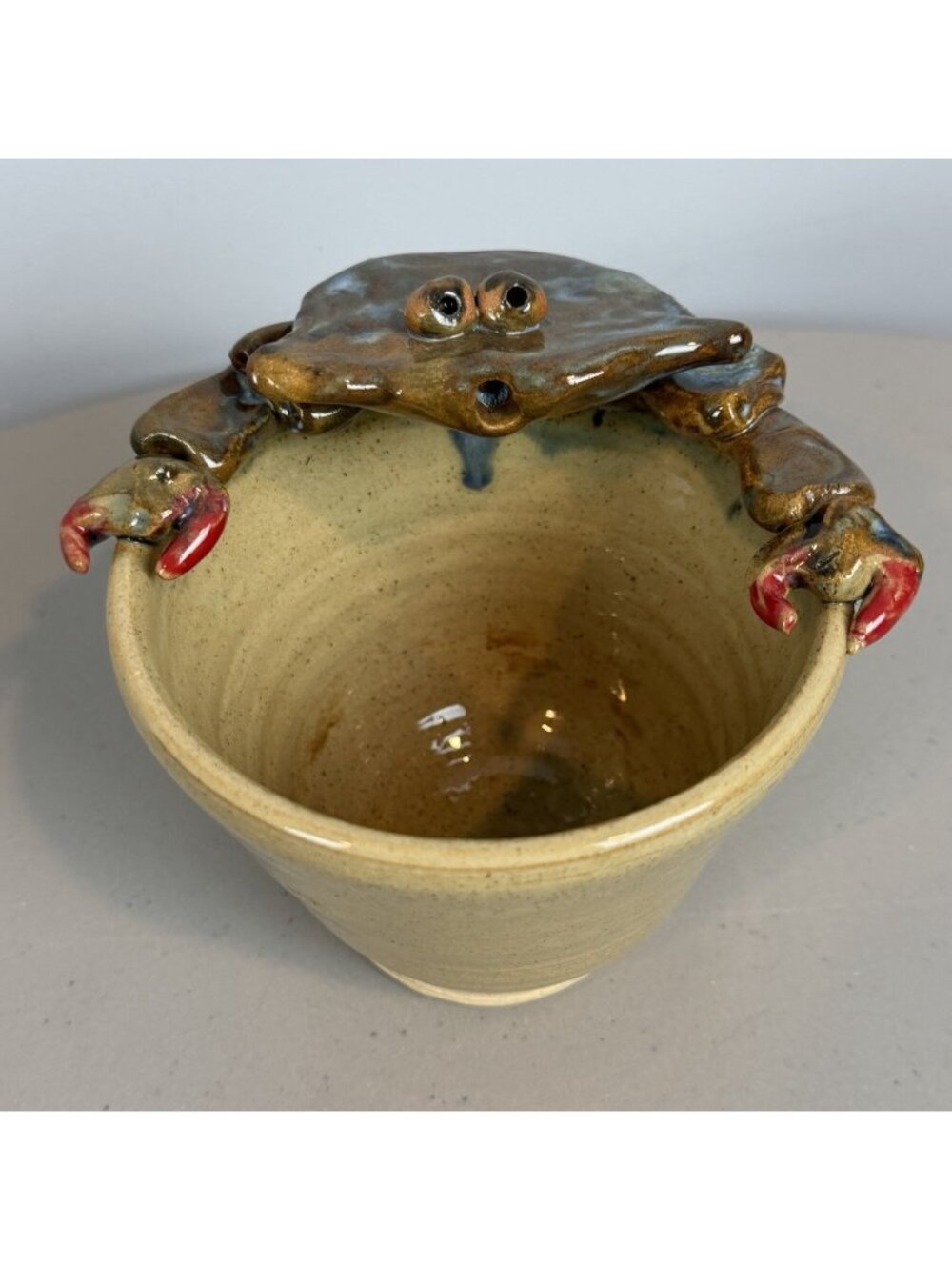 Robin Bird Smith Studio Pottery Crab Planter Bowl Signed Coastal Folk Art